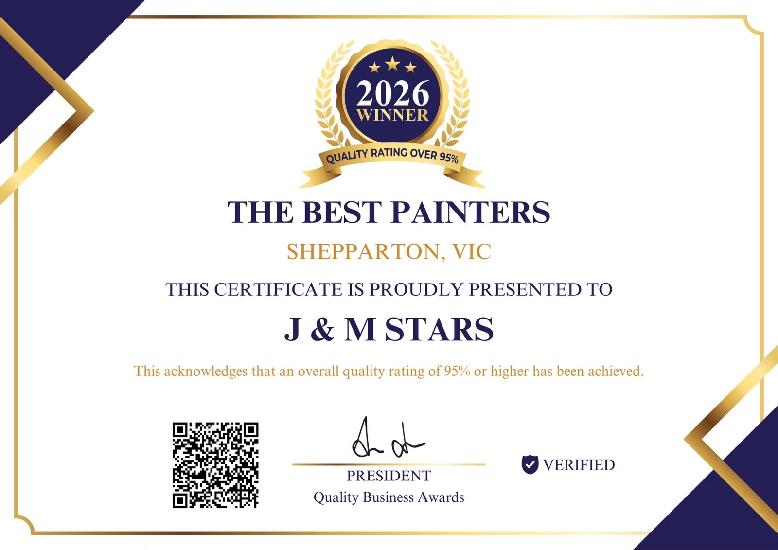 J & M Stars 2026 Winner certificate — The Best Painters, Shepparton VIC, quality rating over 95%